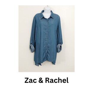 Zac & Rachel Denim Tunic Top Button Up Shirt XL Blue  Long Sleeves Hi/Lo…